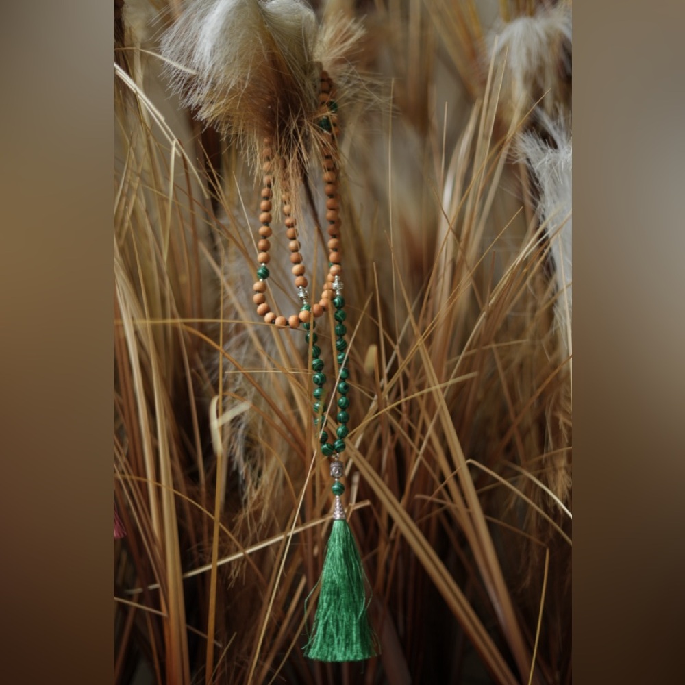 Natural Malachite & Mango Wood Mala Necklace 108 Beads 8mm Meditation Prayer